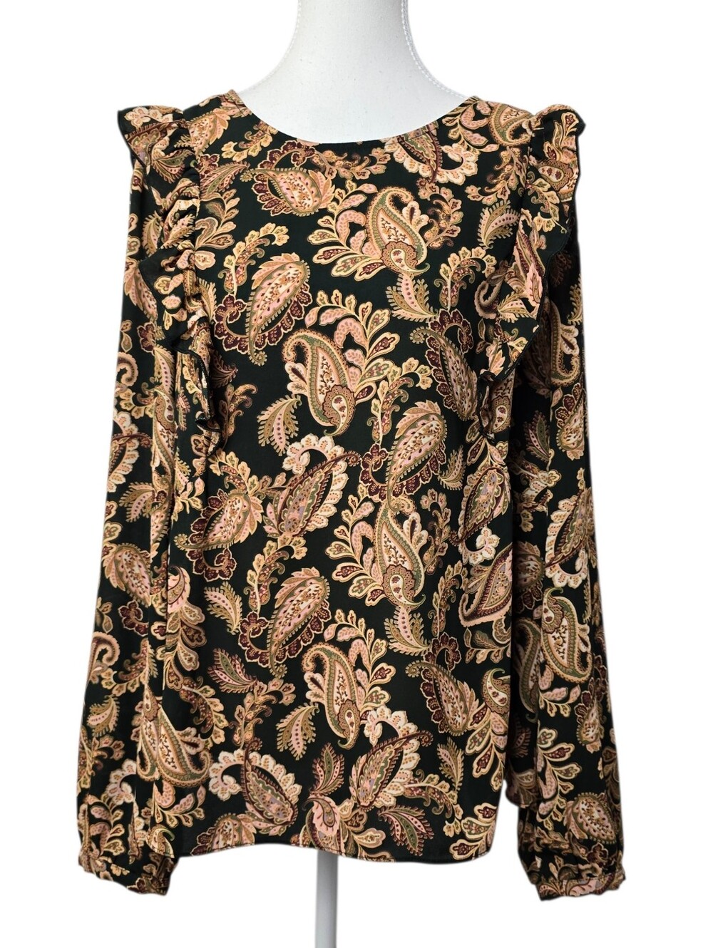 Nanette Lepore Paisley Ruffle Shoulder Blouse Boho Long Sleeve Top, Size L